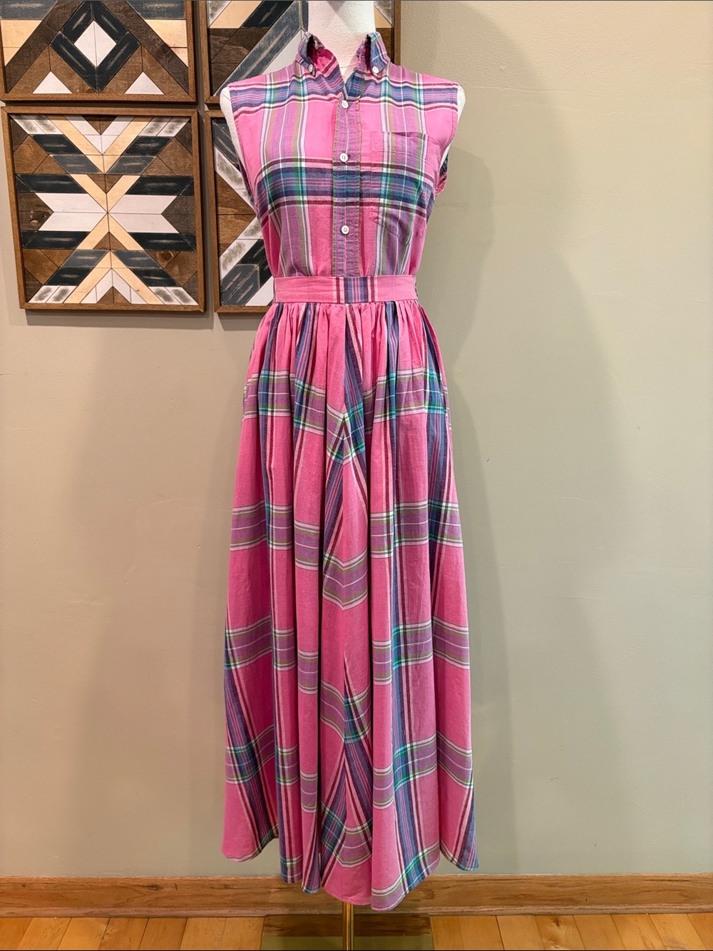 Vintage Ralph Lauren Blue Label 80s Pink Plaid Sleeveless Top + Maxi Skirt Set - Picture 1 of 16